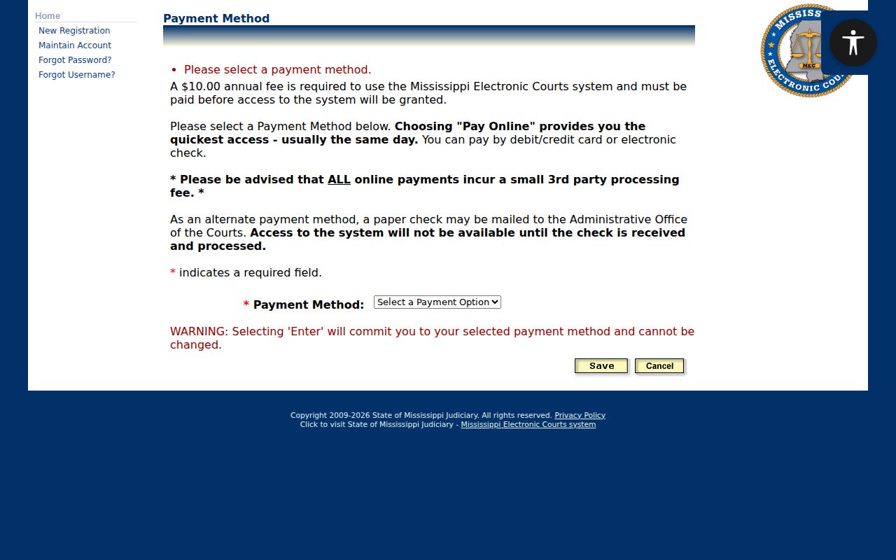 Calhoun County case lookup PAMEC payment-method screen