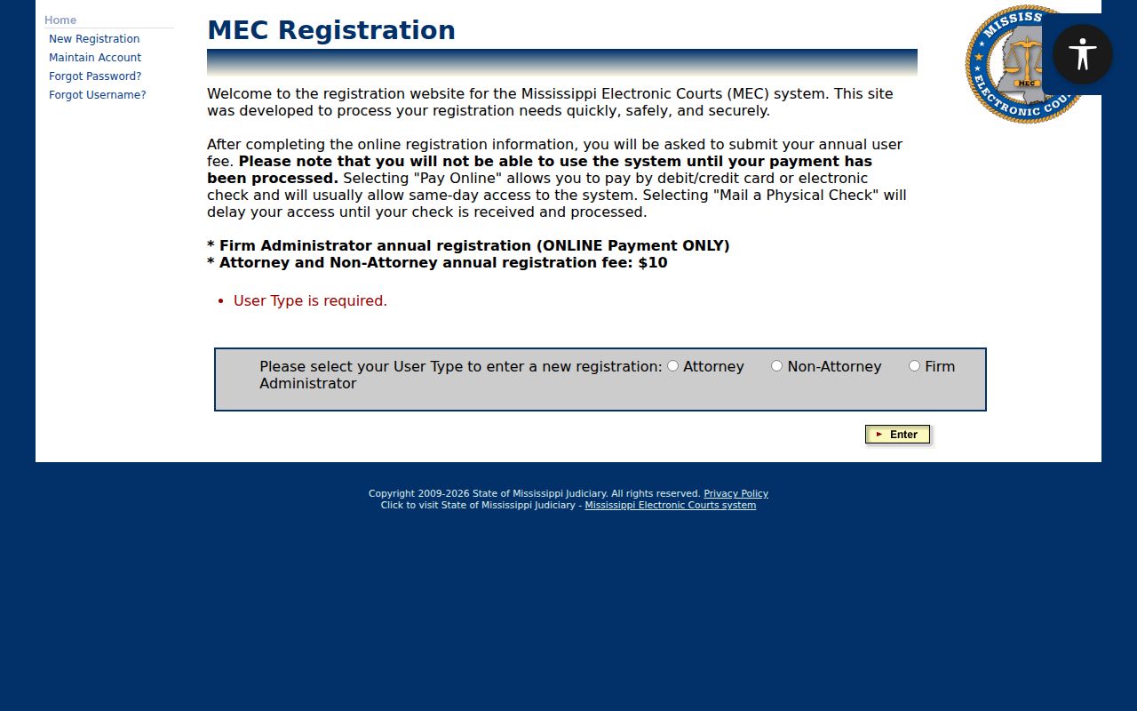 Calhoun County case lookup PAMEC registration screen