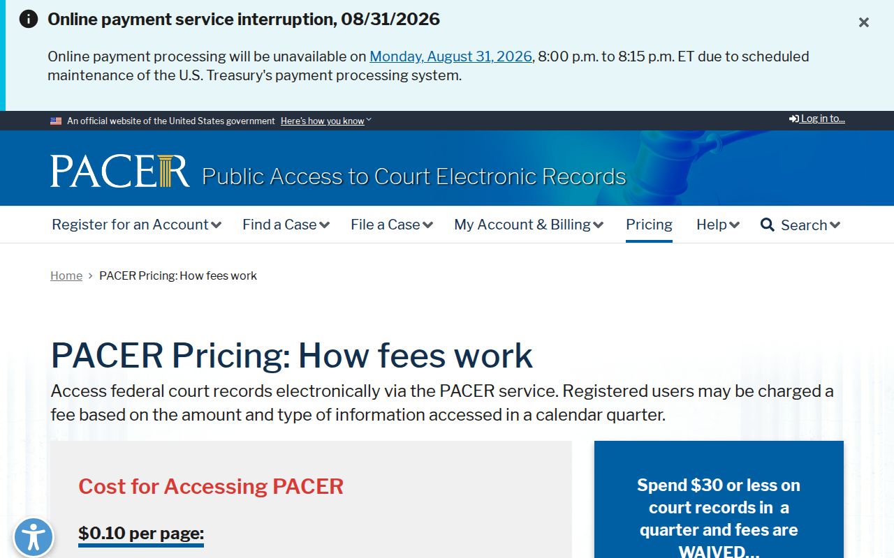 Calhoun County court docket PACER federal records fee information
